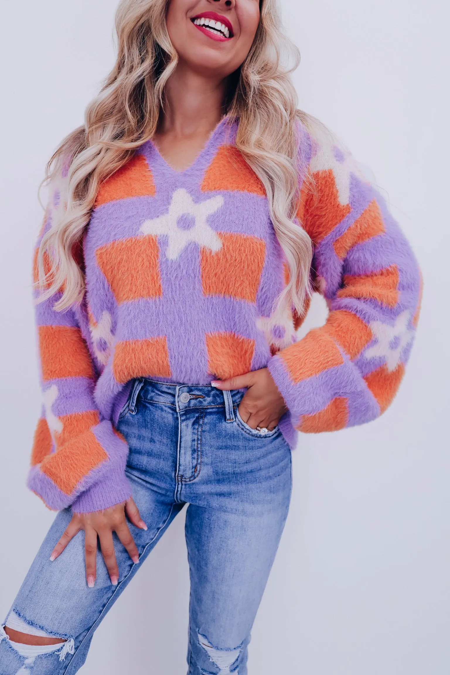 Fluffy Fun Open Collar Sweater - Lavender/Multi