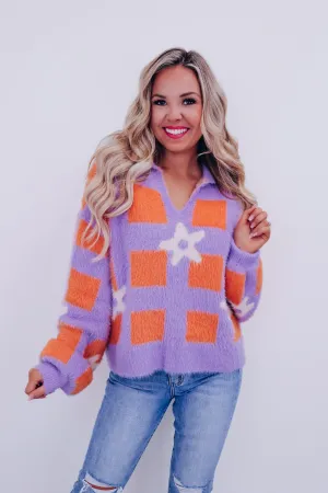 Fluffy Fun Open Collar Sweater - Lavender/Multi