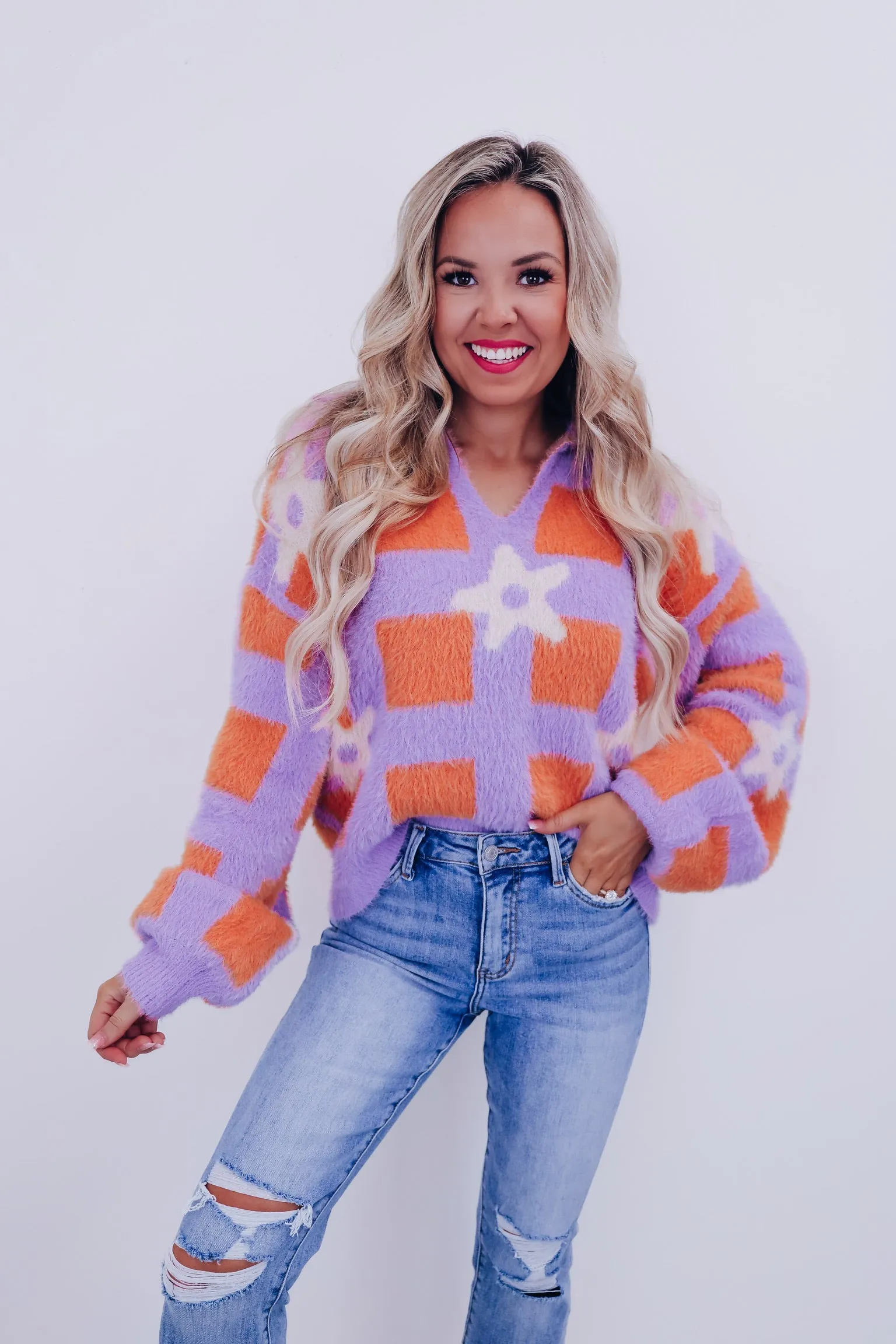 Fluffy Fun Open Collar Sweater - Lavender/Multi