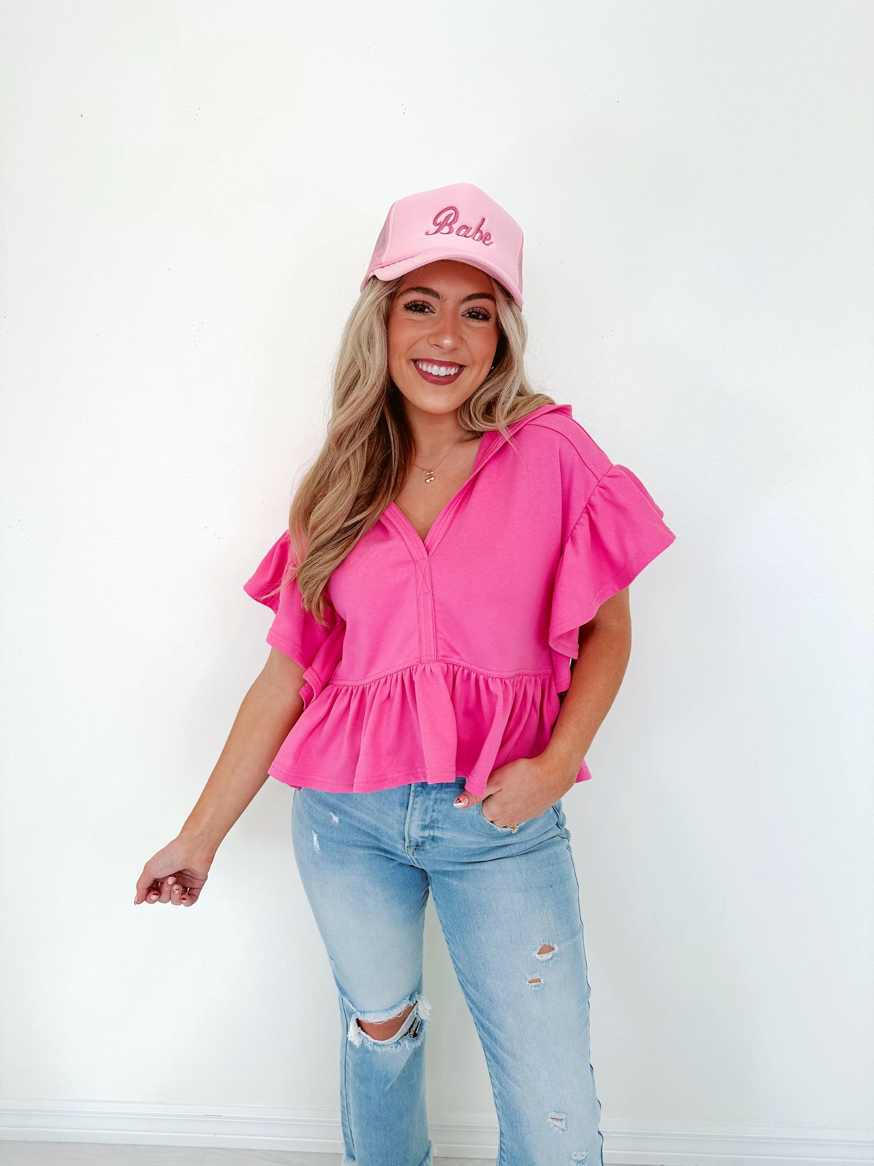 Frilly Flutter Sleeve Cropped Hoodie - Vibrant Pink