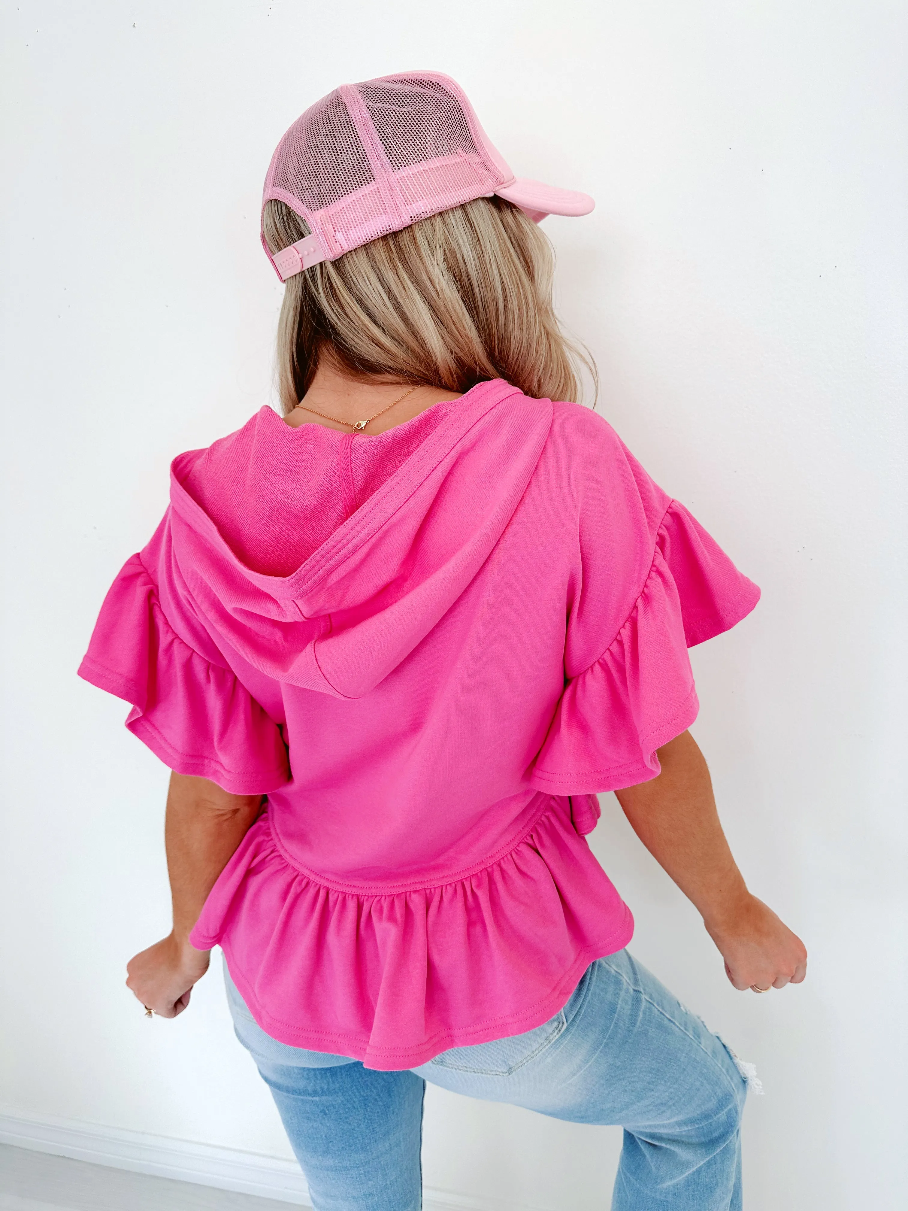 Frilly Flutter Sleeve Cropped Hoodie - Vibrant Pink