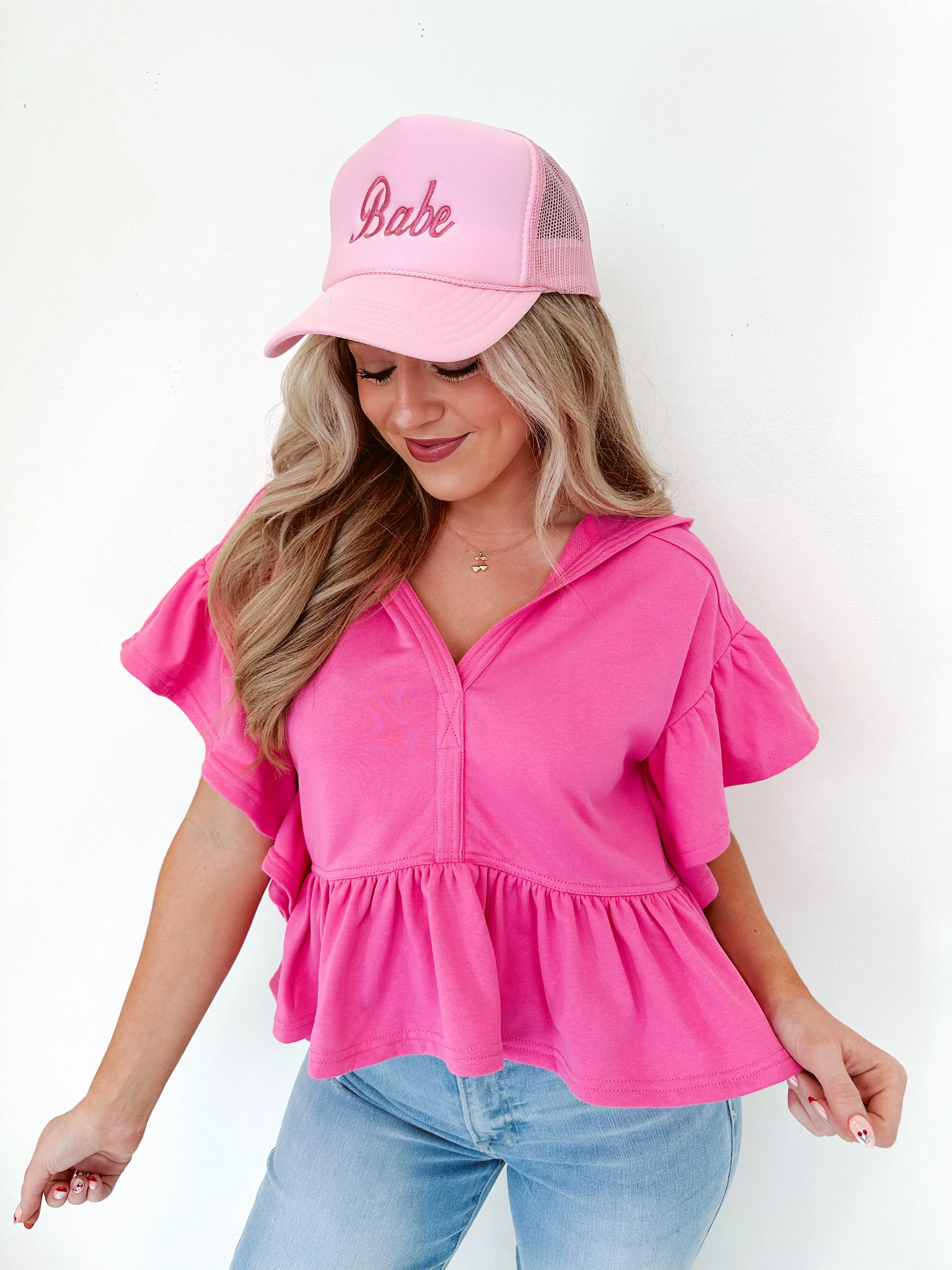 Frilly Flutter Sleeve Cropped Hoodie - Vibrant Pink