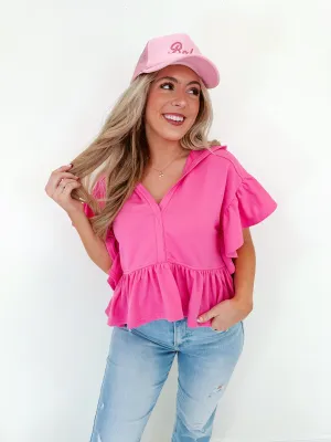 Frilly Flutter Sleeve Cropped Hoodie - Vibrant Pink