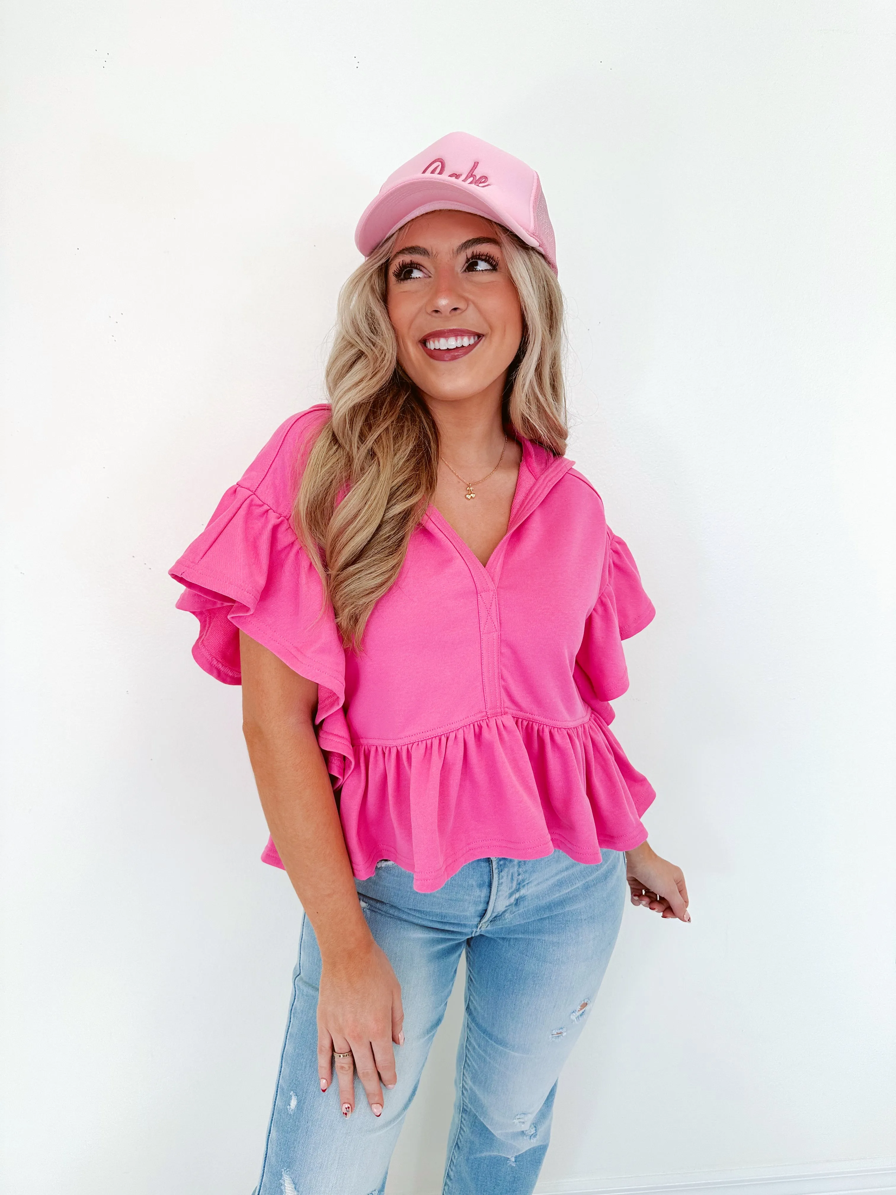 Frilly Flutter Sleeve Cropped Hoodie - Vibrant Pink