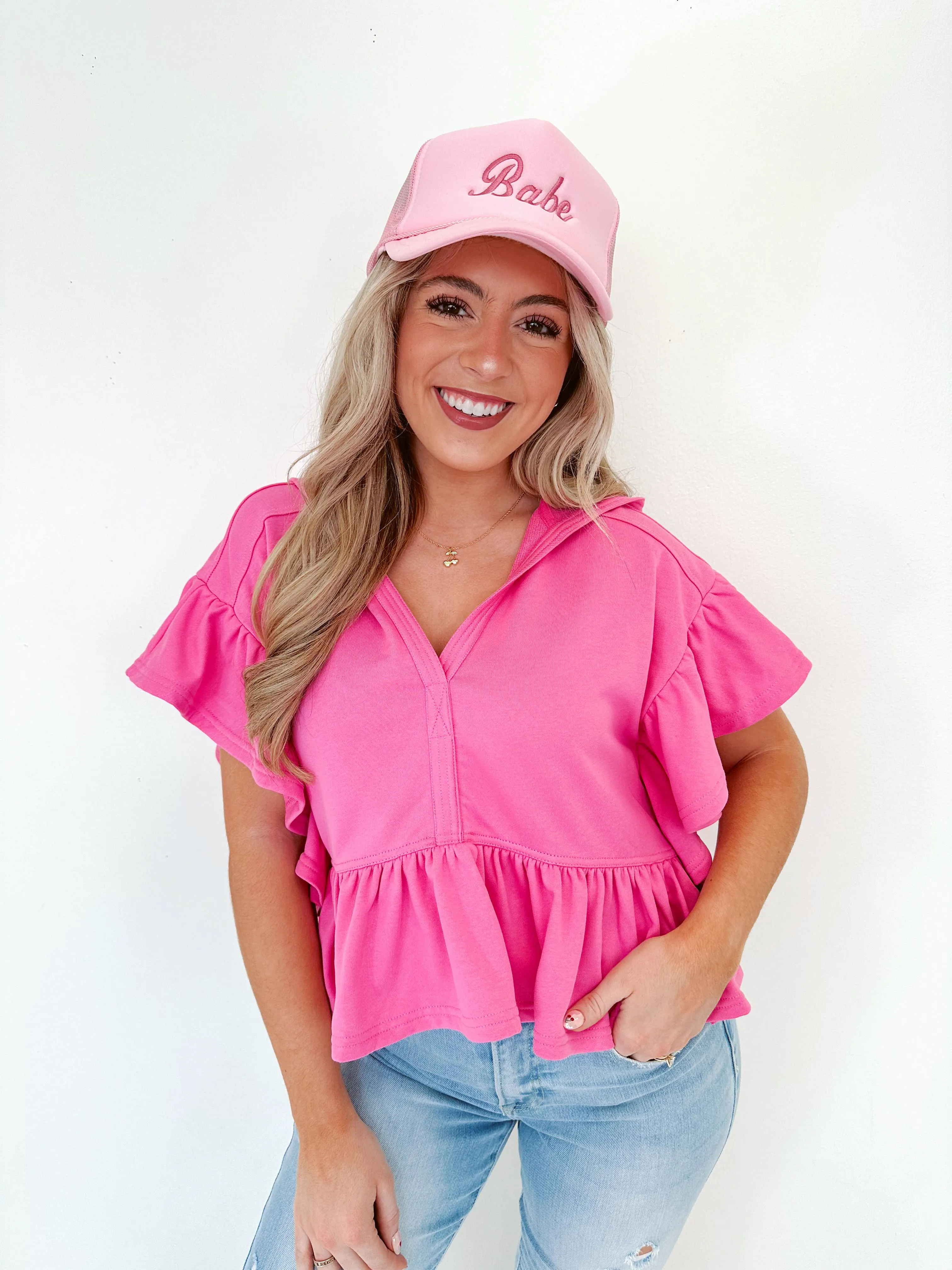 Frilly Flutter Sleeve Cropped Hoodie - Vibrant Pink