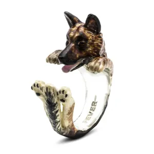 German Shepherd Sterling Silver & Enamel Hug Ring