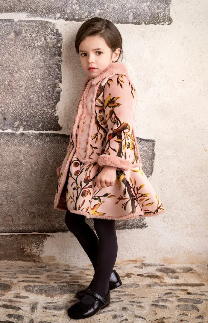Girls Pink Velvet Coat with Faux Fur
