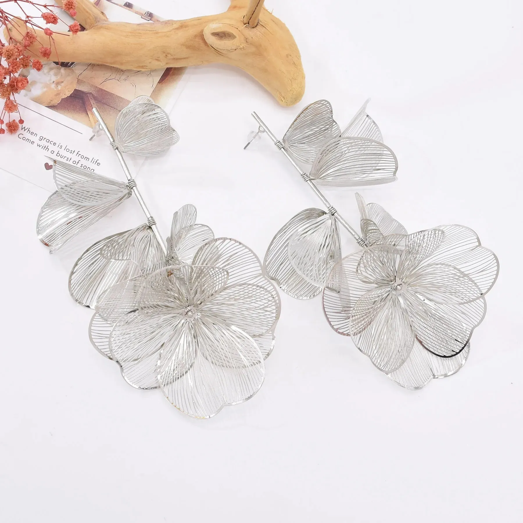Golden Hollow Flower Leaf Long Earrings