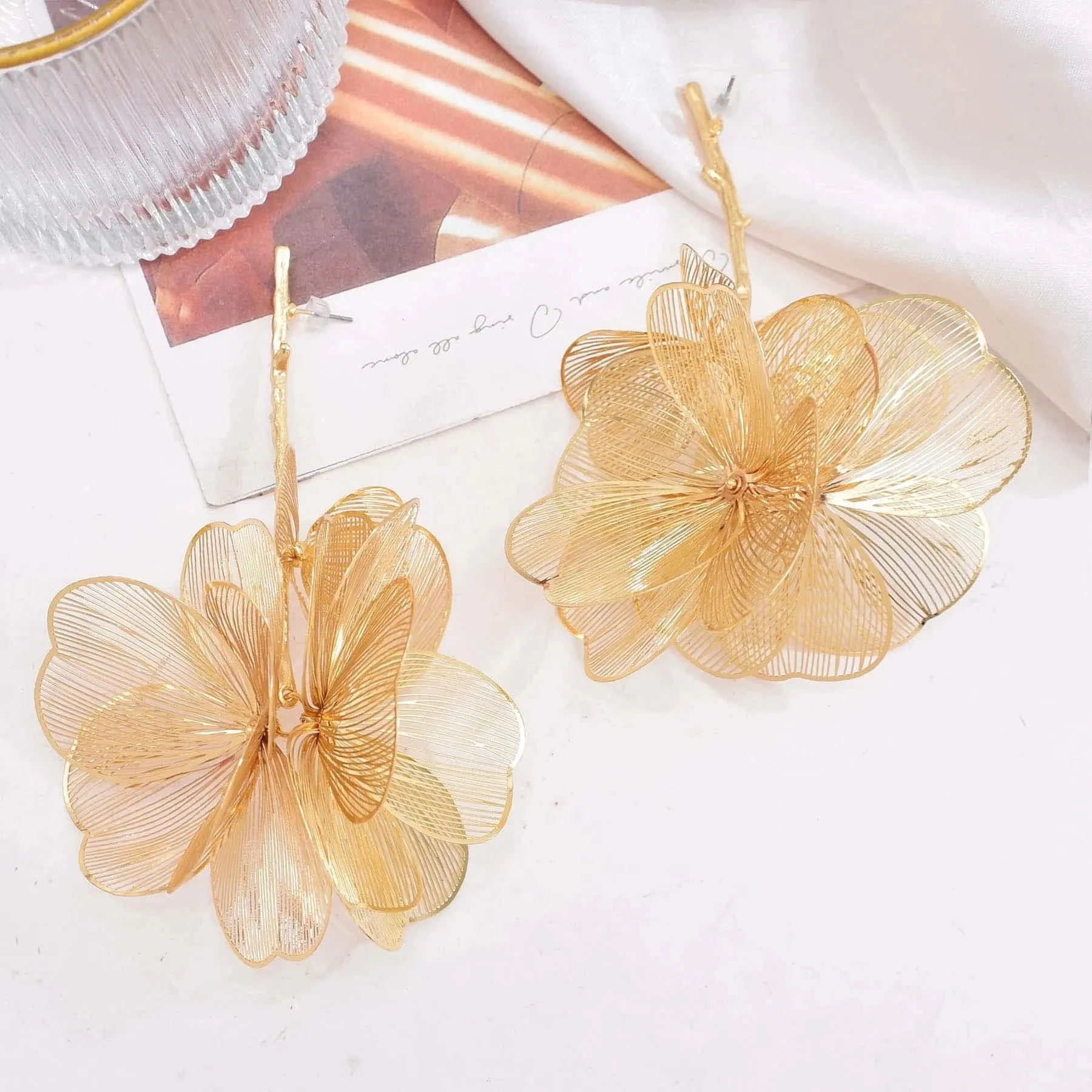 Golden Hollow Flower Leaf Long Earrings
