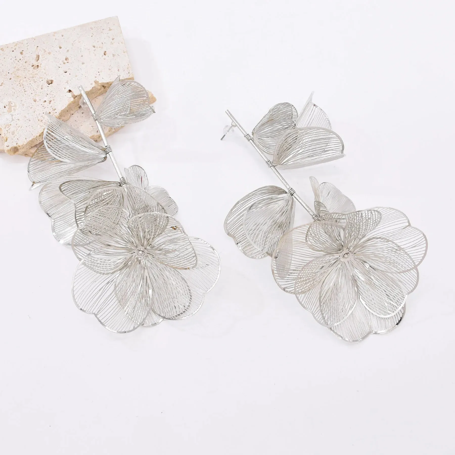 Golden Hollow Flower Leaf Long Earrings
