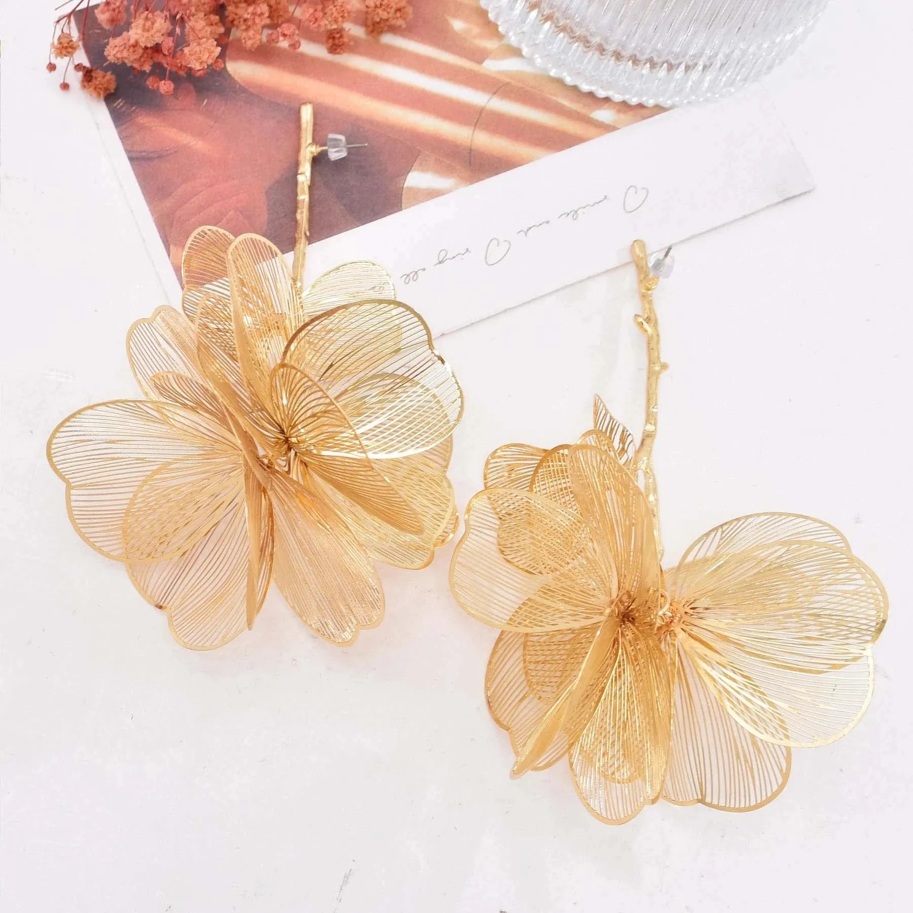 Golden Hollow Flower Leaf Long Earrings