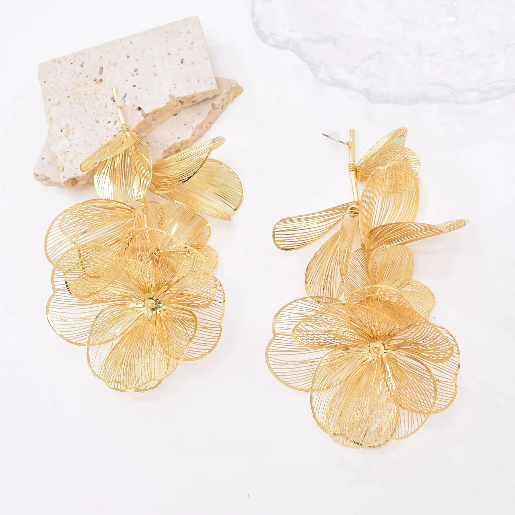 Golden Hollow Flower Leaf Long Earrings