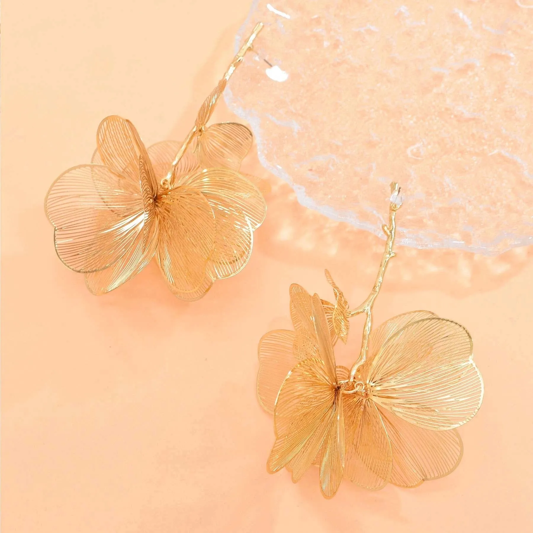 Golden Hollow Flower Leaf Long Earrings