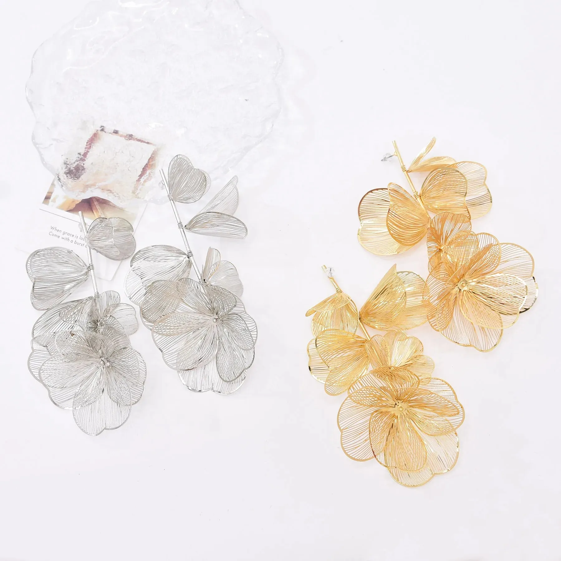 Golden Hollow Flower Leaf Long Earrings
