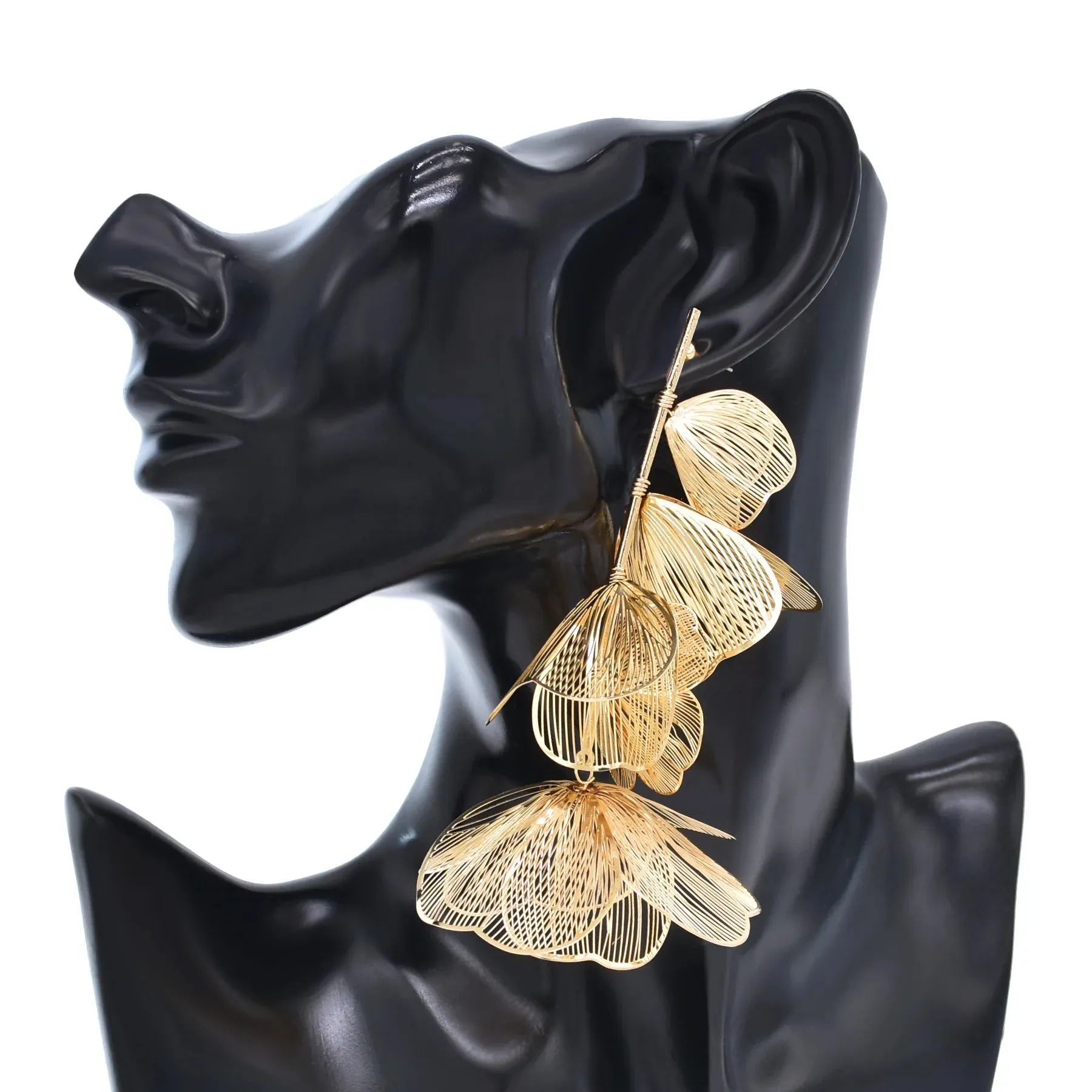 Golden Hollow Flower Leaf Long Earrings