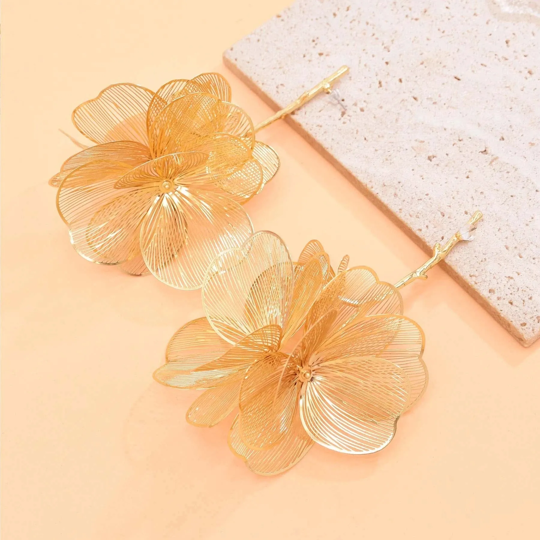 Golden Hollow Flower Leaf Long Earrings