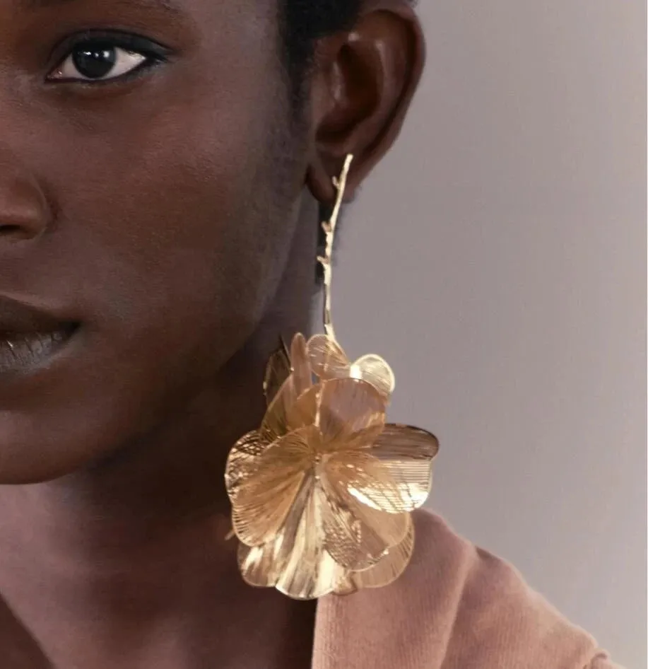 Golden Hollow Flower Leaf Long Earrings