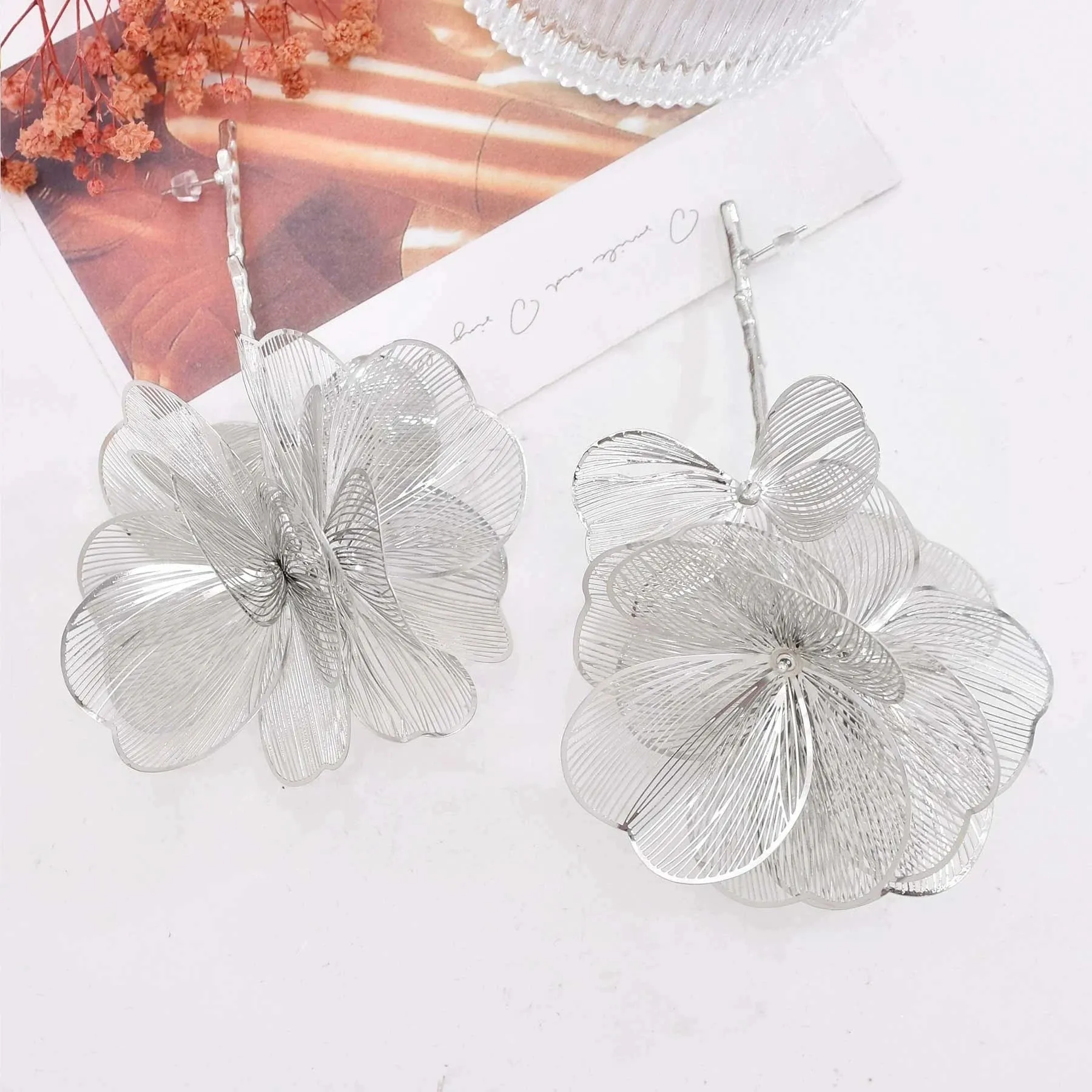 Golden Hollow Flower Leaf Long Earrings