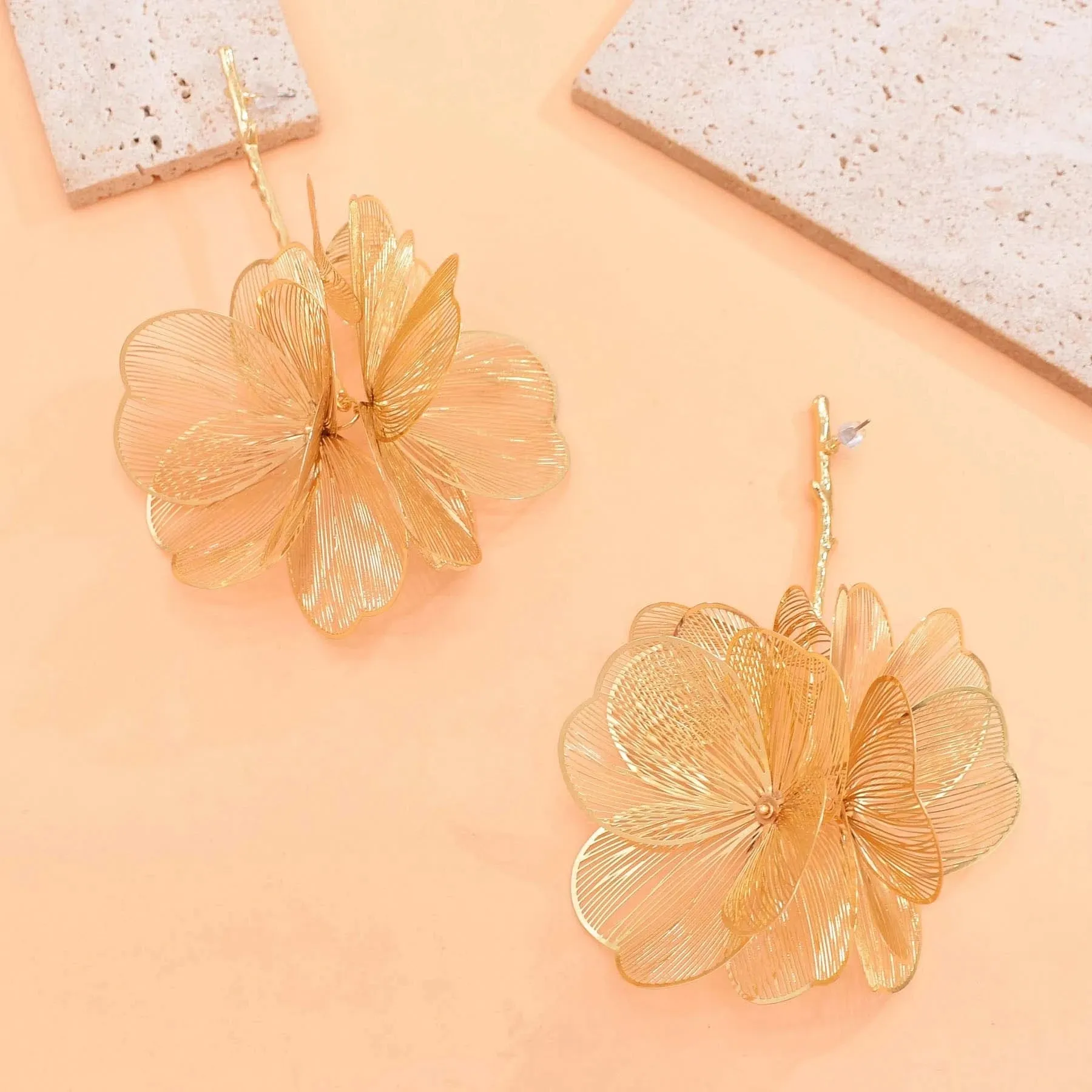 Golden Hollow Flower Leaf Long Earrings