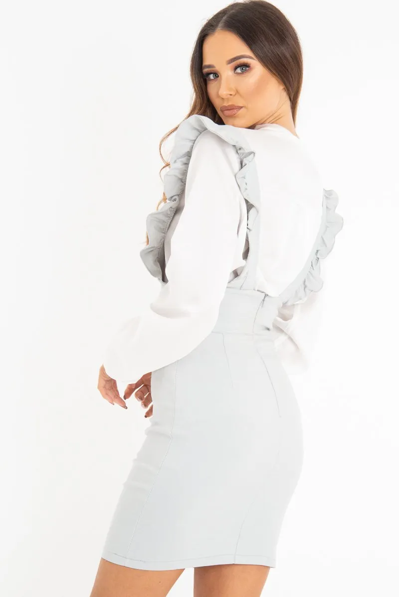 Grey Ruffle Front Pinafore Dress - Elya