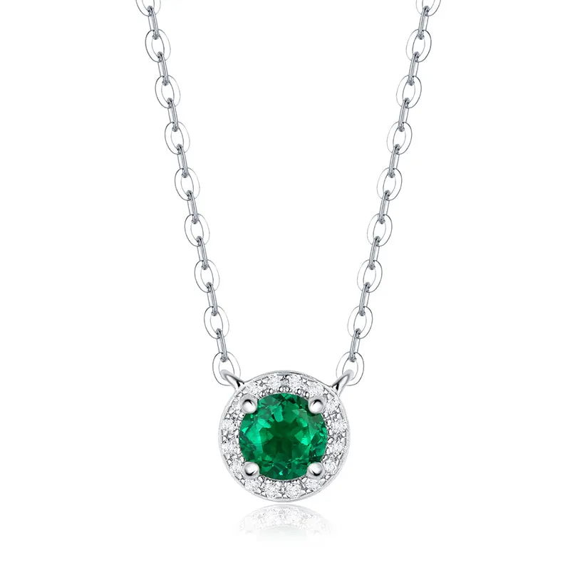 Halo Round Cut Gemstone Emerald Necklace
