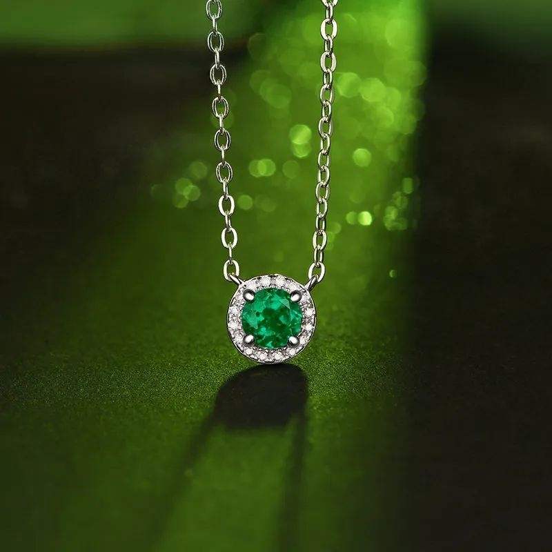 Halo Round Cut Gemstone Emerald Necklace