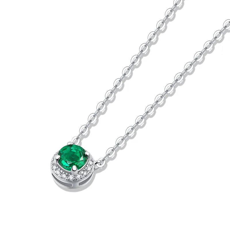 Halo Round Cut Gemstone Emerald Necklace