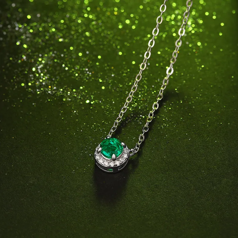 Halo Round Cut Gemstone Emerald Necklace