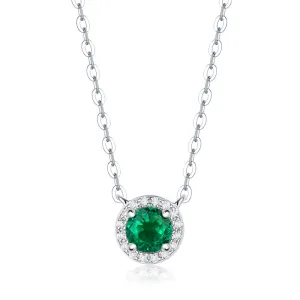 Halo Round Cut Gemstone Emerald Necklace