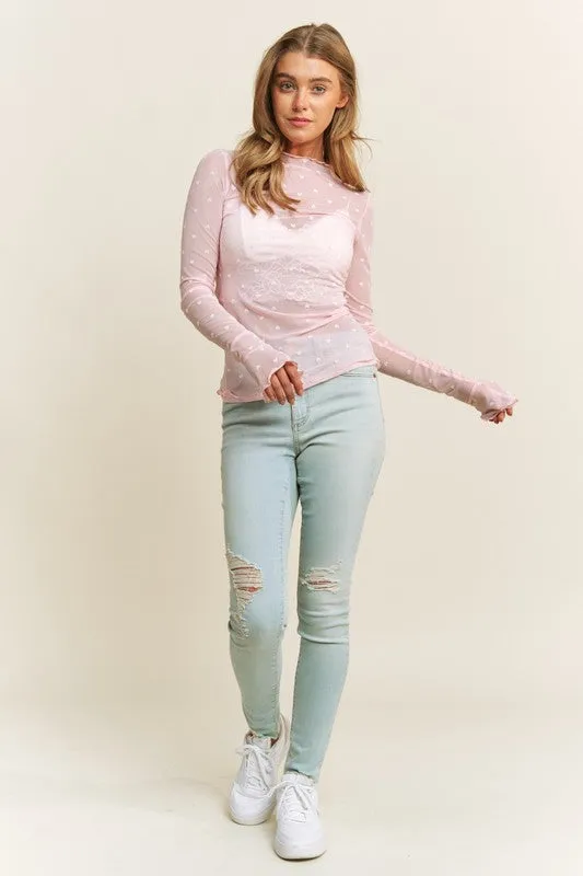 Heart Flocking High Neck Mesh Top - Blush