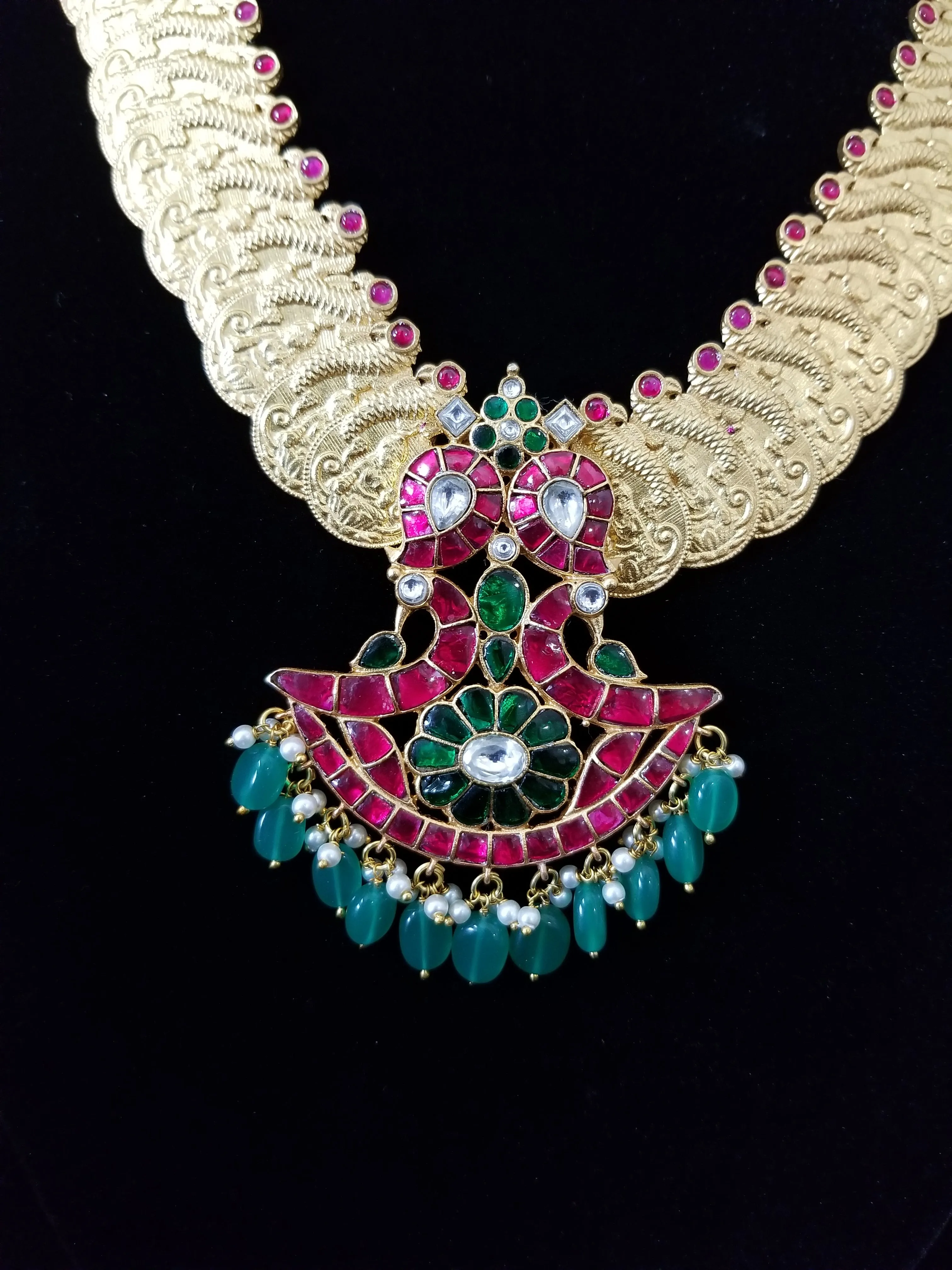 Heavy Kasu Haram With Jadau Kundan Peacock Pendant