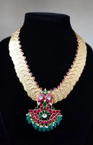 Heavy Kasu Haram With Jadau Kundan Peacock Pendant