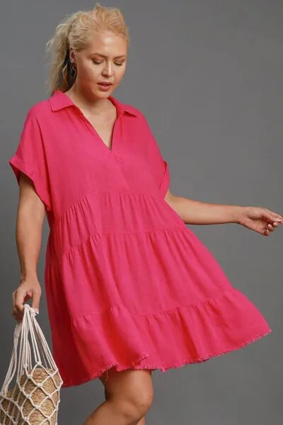 Hot Pink Raw Hem Folded Sleeve Tiered Dress Small to 2XL