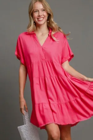 Hot Pink Raw Hem Folded Sleeve Tiered Dress Small to 2XL