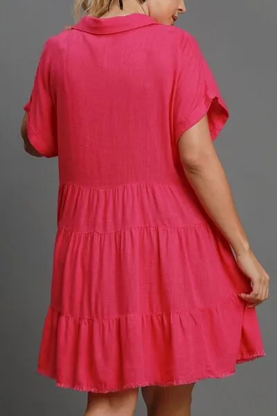 Hot Pink Raw Hem Folded Sleeve Tiered Dress Small to 2XL