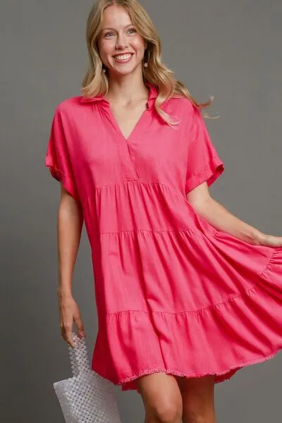 Hot Pink Raw Hem Folded Sleeve Tiered Dress Small to 2XL