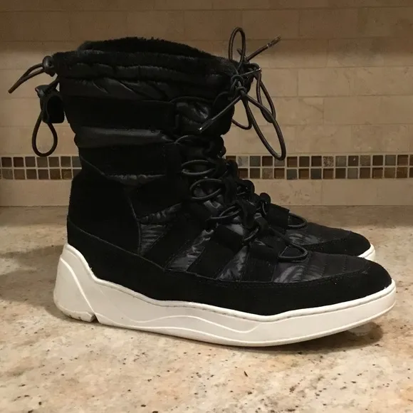 J/Slides Jordy Black Suede Faux Fur Lace Up Puffer Winter Boots