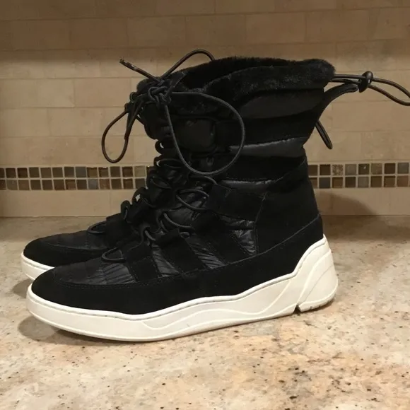 J/Slides Jordy Black Suede Faux Fur Lace Up Puffer Winter Boots