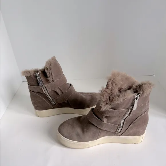 J/Slides Wells Suede Faux Fur Trim High Top Sneaker (Women). Size 7