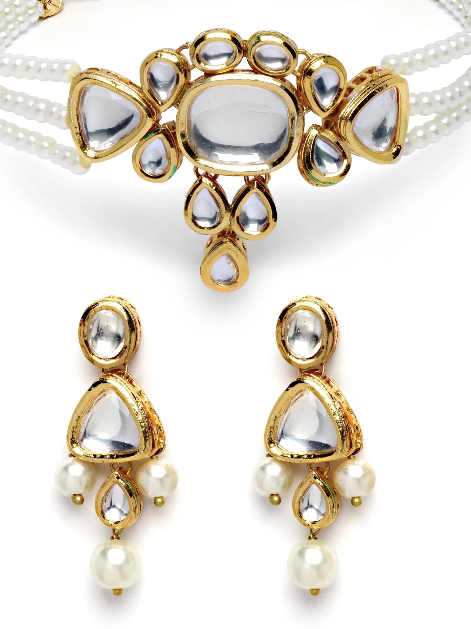 Karatcart Gold Plated Pearl Beaded Polki Choker Necklace Set