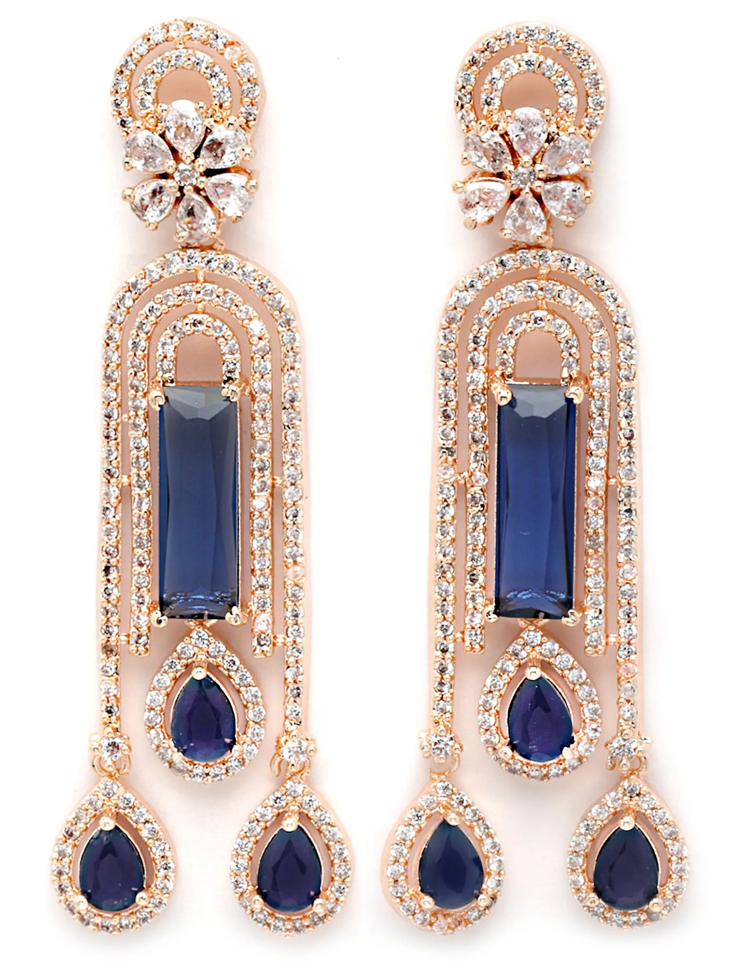 Karatcart Rose Gold Plated Blue AD Drop Earrings for Women