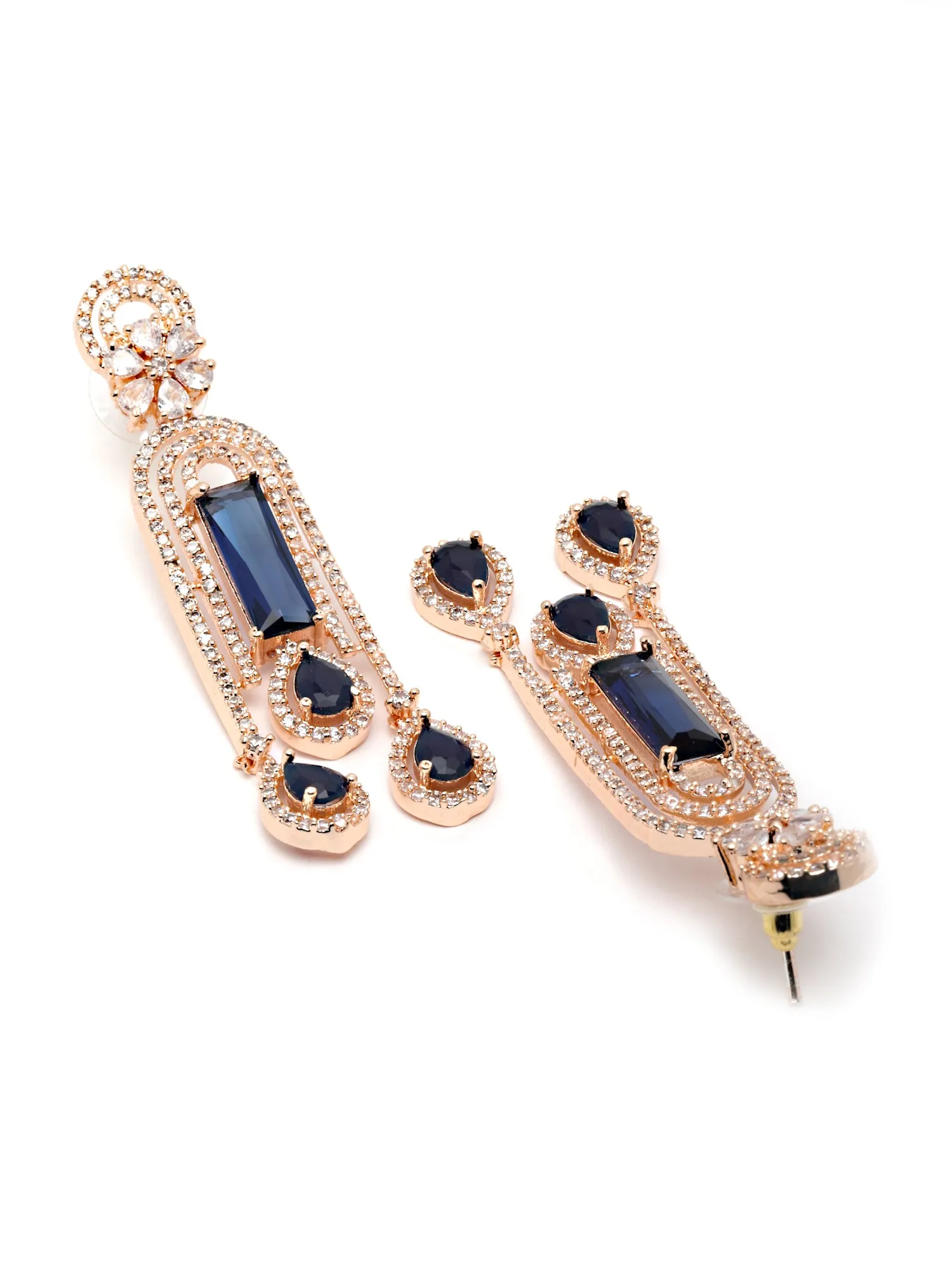 Karatcart Rose Gold Plated Blue AD Drop Earrings for Women