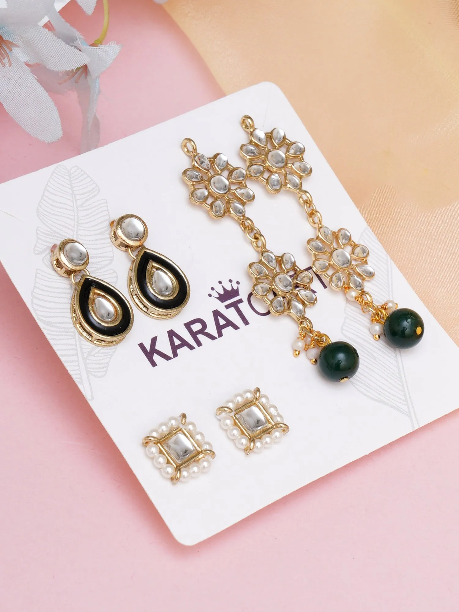 Karatcart Set of 3 Handcrafted Kundan Earrings Combo for Women