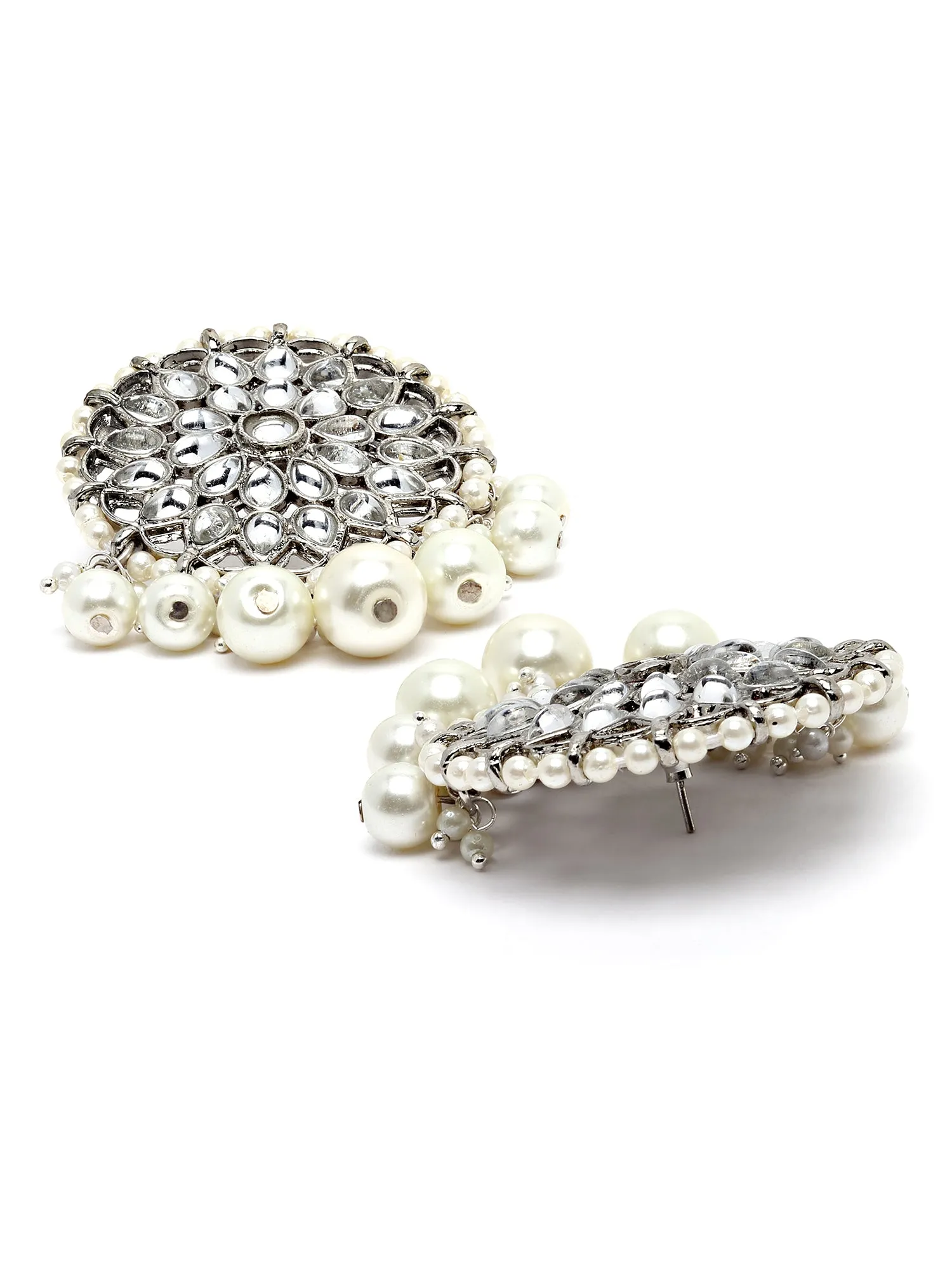 Karatcart Silver Plated Green Crystal and Pearl Studded Kundan Rani-Haar Necklace Set for Women
