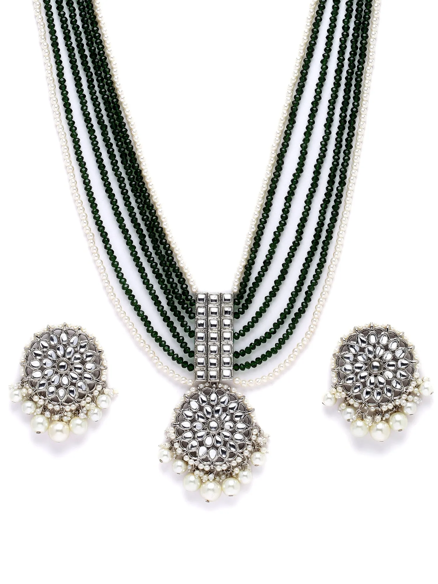 Karatcart Silver Plated Green Crystal and Pearl Studded Kundan Rani-Haar Necklace Set for Women