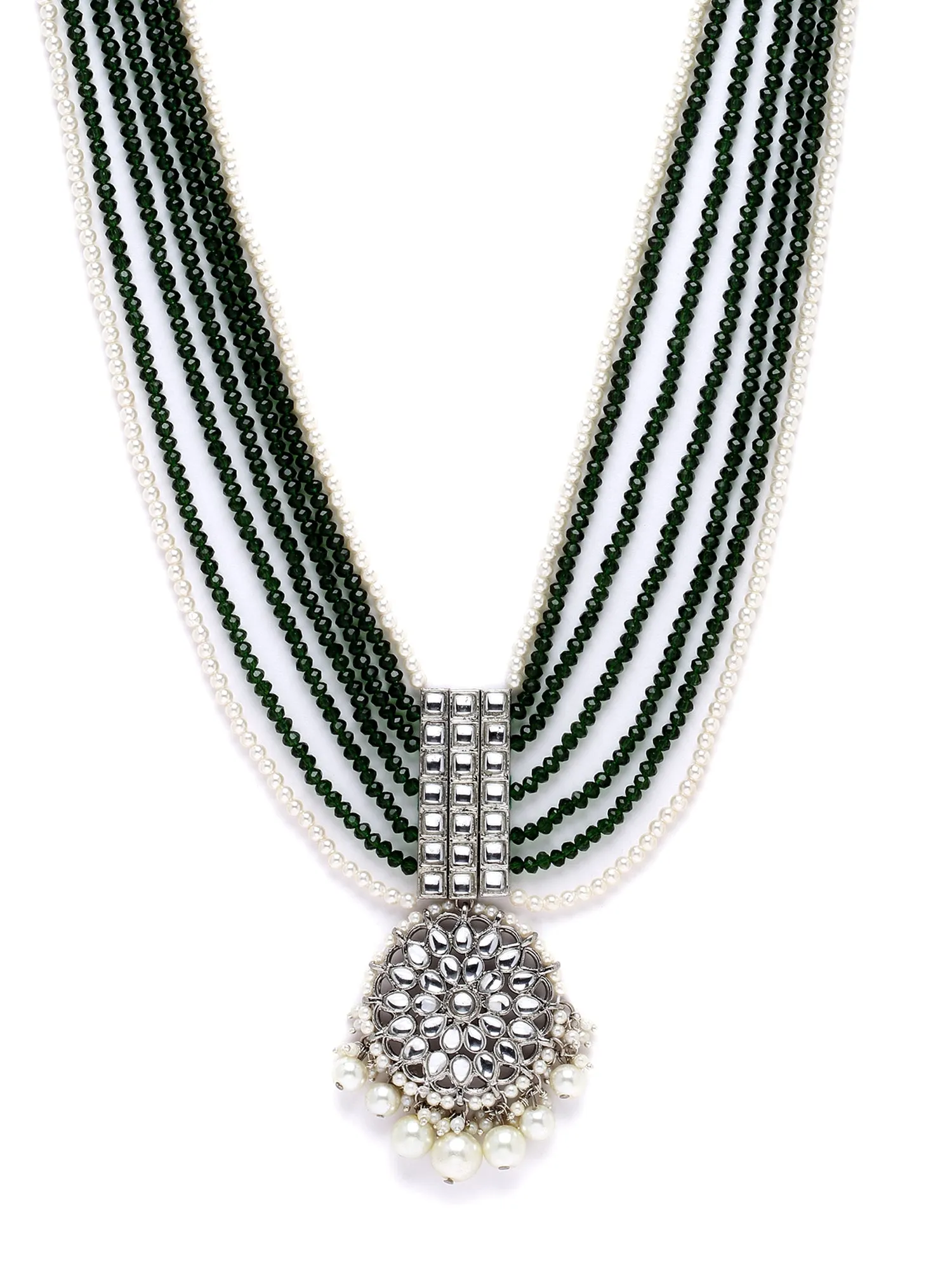 Karatcart Silver Plated Green Crystal and Pearl Studded Kundan Rani-Haar Necklace Set for Women