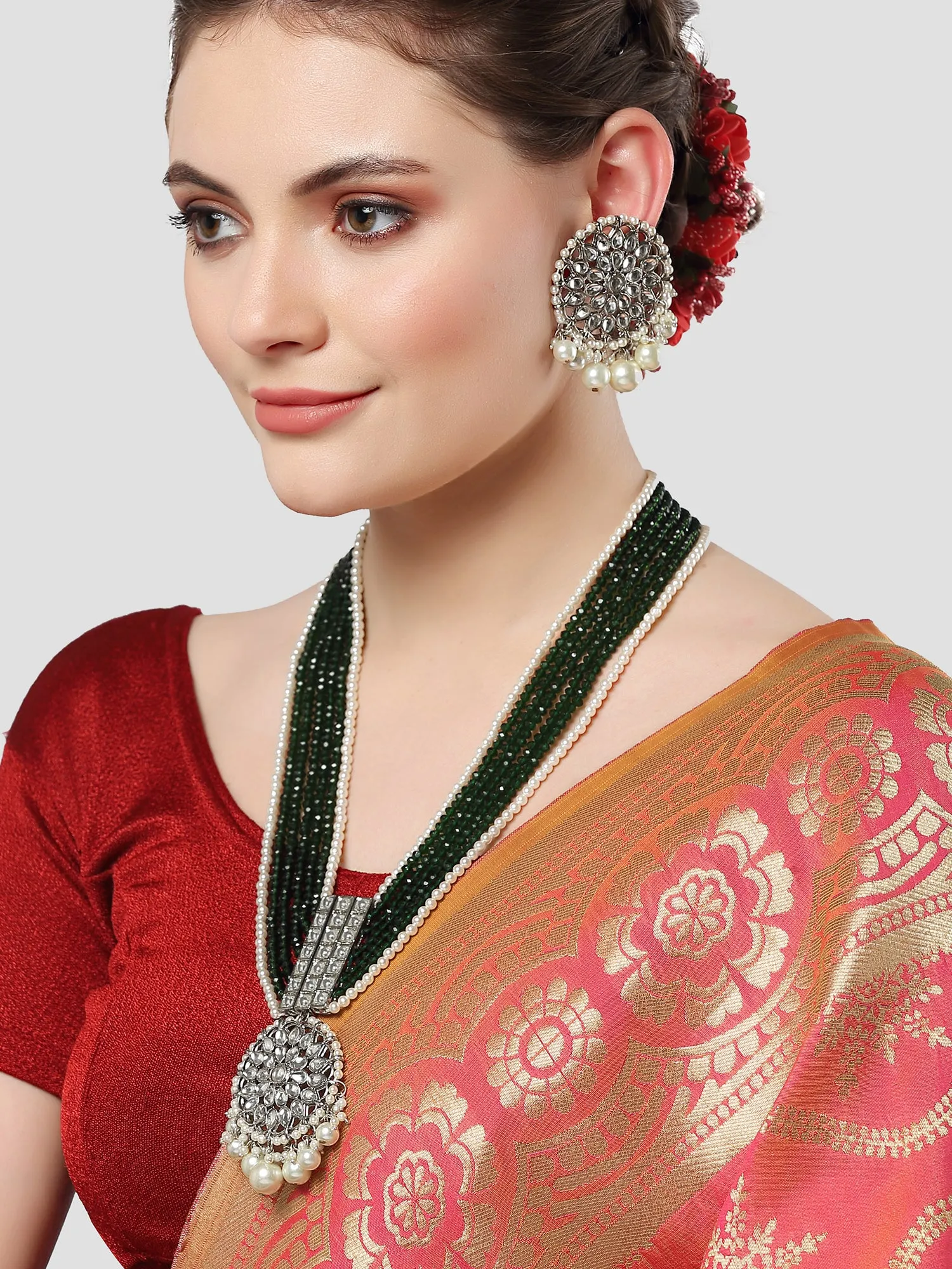 Karatcart Silver Plated Green Crystal and Pearl Studded Kundan Rani-Haar Necklace Set for Women