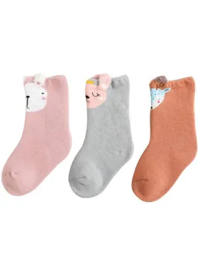 Kids Animal Ankle Socks 3 Pack - Bunny Fawn Cat - Pink Grey Tan