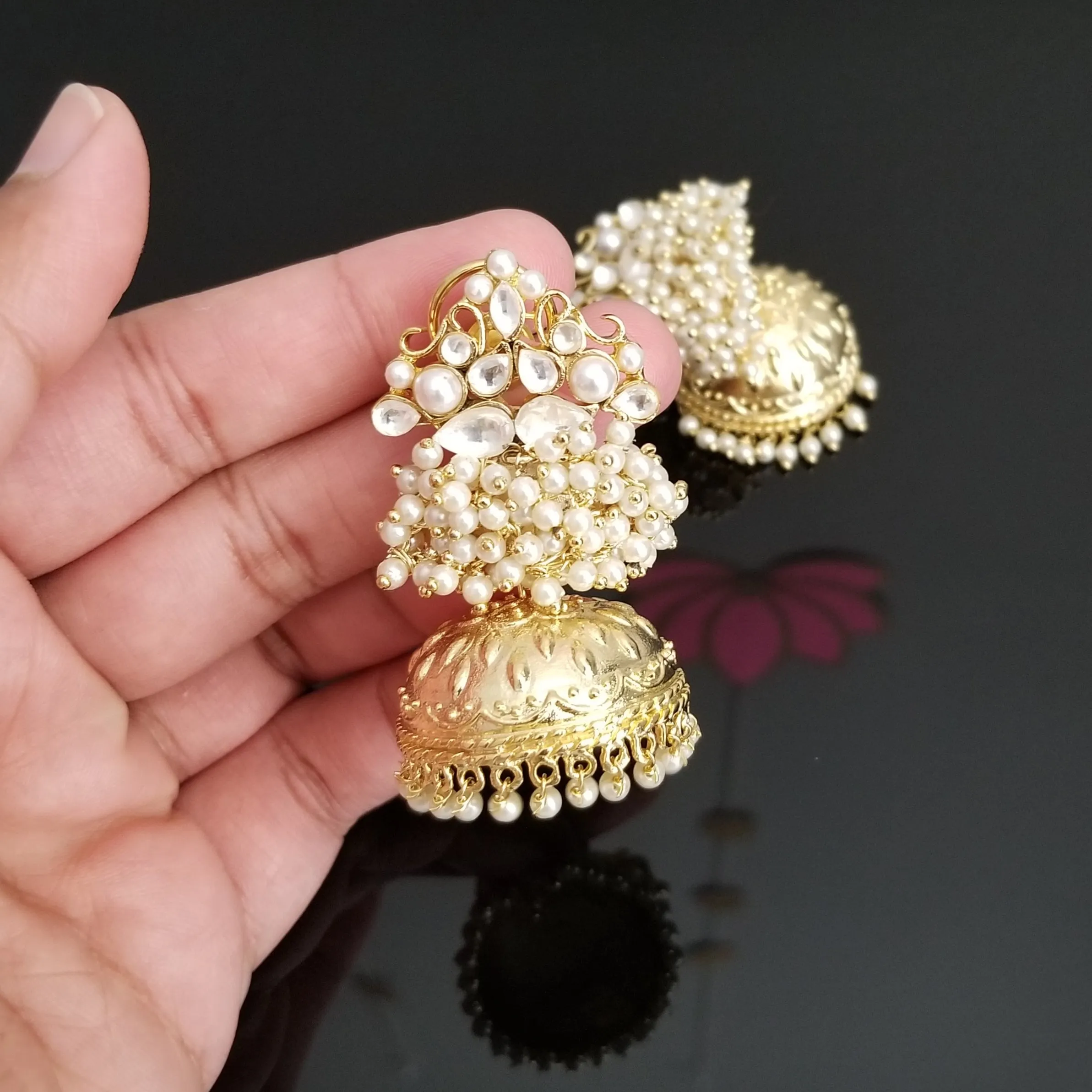 Kundan Pearl Cluster Jhumkas