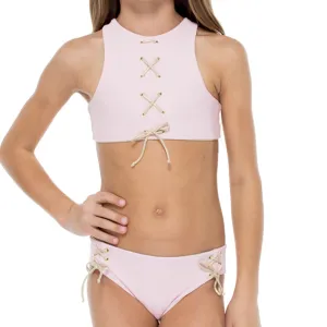 LA CORREDERA - Eyelets Lace Up High Neck Top Bikini